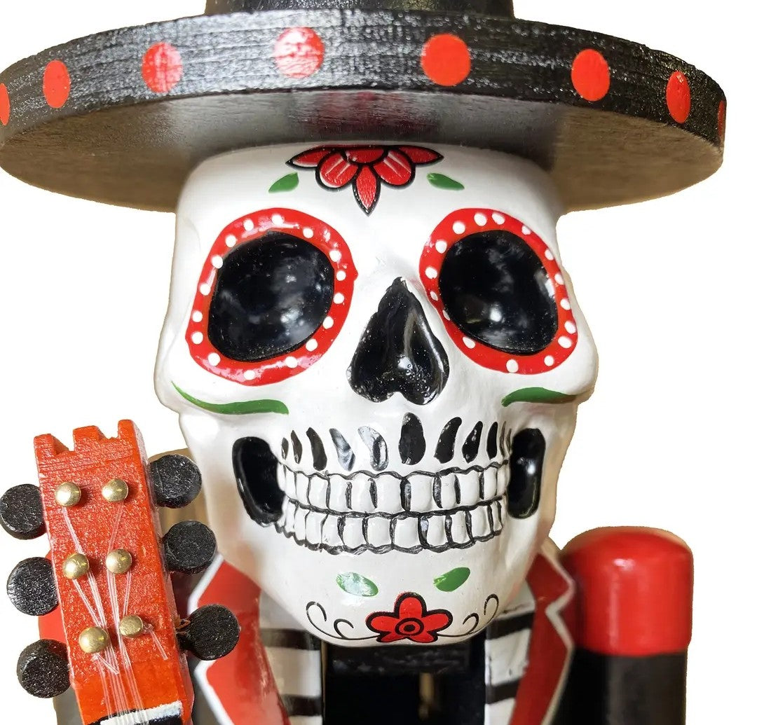 14 Inch Sugar Skull Nutcracker Display Figure, Wooden Mariachi, Painted Wooden Statue, Red Black Holiday Decoration