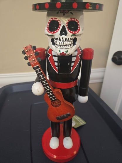 14 Inch Sugar Skull Nutcracker Display Figure, Wooden Mariachi, Painted Wooden Statue, Red Black Holiday Decoration