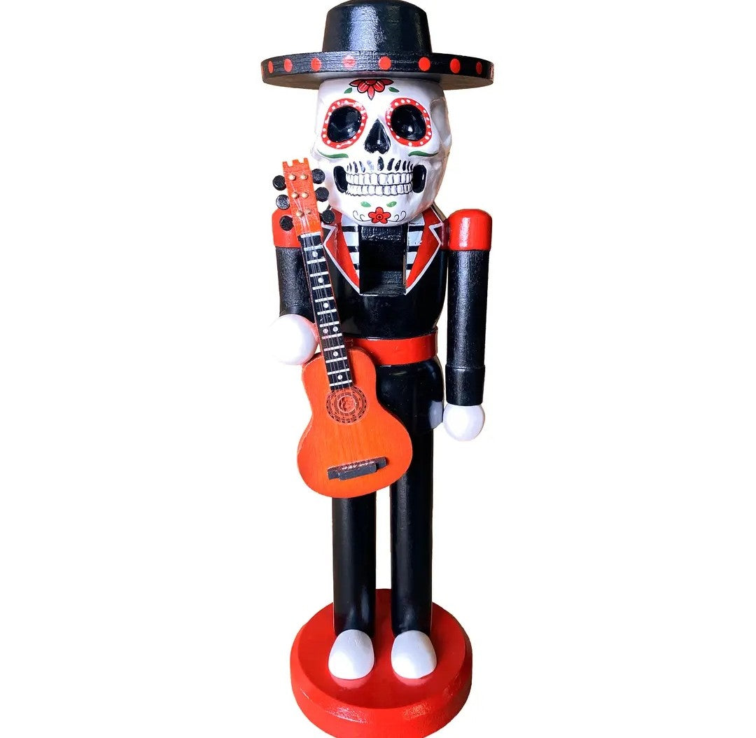 14 Inch Sugar Skull Nutcracker Display Figure, Wooden Mariachi, Painted Wooden Statue, Red Black Holiday Decoration