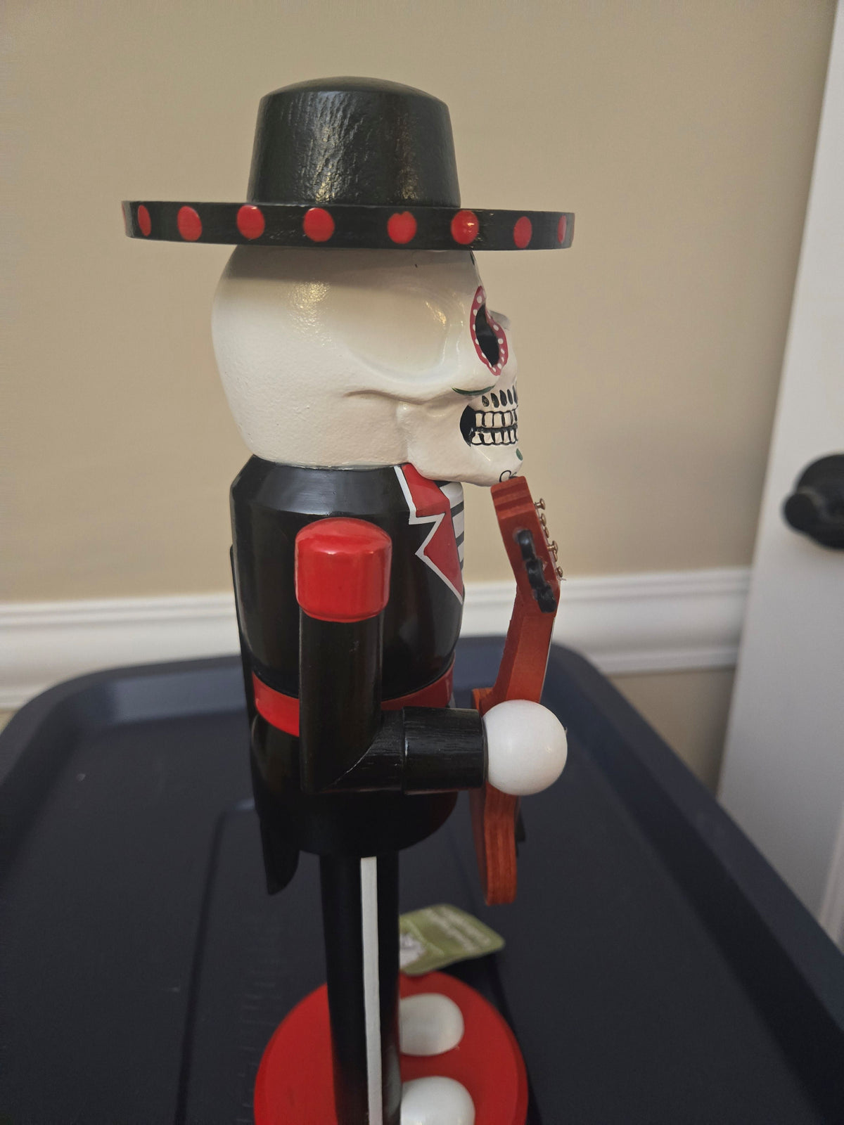 14 Inch Sugar Skull Nutcracker Display Figure, Wooden Mariachi, Painted Wooden Statue, Red Black Holiday Decoration