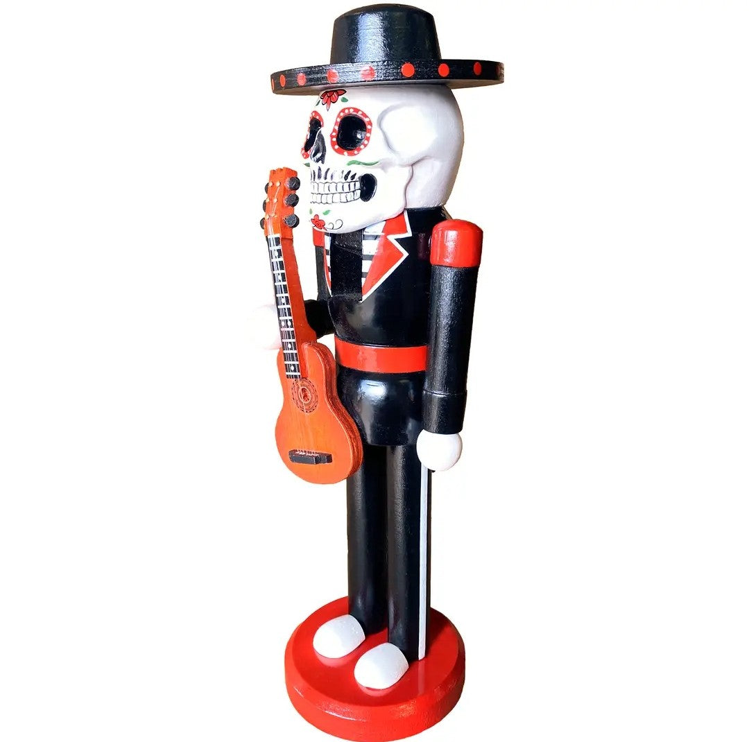 14 Inch Sugar Skull Nutcracker Display Figure, Wooden Mariachi, Painted Wooden Statue, Red Black Holiday Decoration