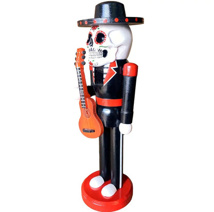 14 Inch Sugar Skull Nutcracker Display Figure, Wooden Mariachi, Painted Wooden Statue, Red Black Holiday Decoration
