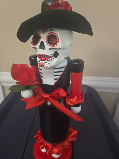 14-inch Día de Los Muertos Wooden Lady Nutcracker, Sugar Skull Rose Decor