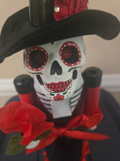 14-inch Día de Los Muertos Wooden Lady Nutcracker, Sugar Skull Rose Decor
