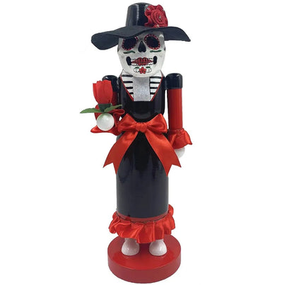 14-inch Día de Los Muertos Wooden Lady Nutcracker, Sugar Skull Rose Decor