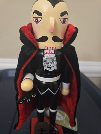 10-inch Dracula Wooden Nutcracker Halloween Decor, Vampire Figurine, Bat Accent, Gothic Home
