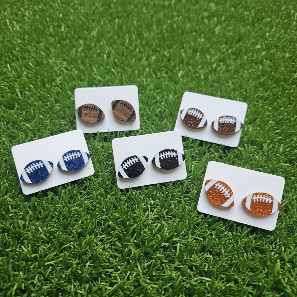 Acrylic Football Stud Earrings | Laser Cut Mini Sports Studs | Stainless Steel Posts | 5 Colors