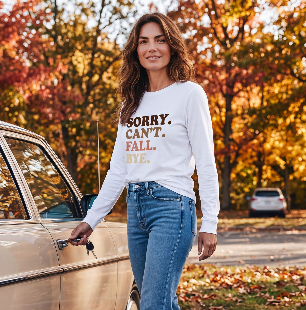 Sarcastic Fall Humor Tee with Retro Text, Cozy Season Outfit, Long Sleeves, Casual Graphic Top