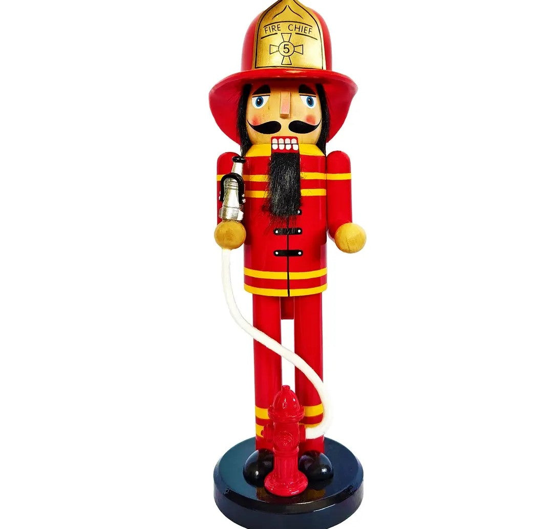 Firefighter Nutcracker Statue, Hand-Painted Wooden Holiday Decor, Red Gold Accents