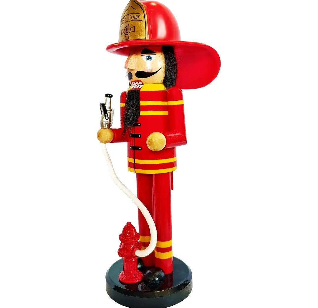 Firefighter Nutcracker Statue, Hand-Painted Wooden Holiday Decor, Red Gold Accents