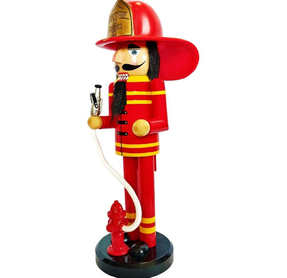 Firefighter Nutcracker Statue, Hand-Painted Wooden Holiday Decor, Red Gold Accents