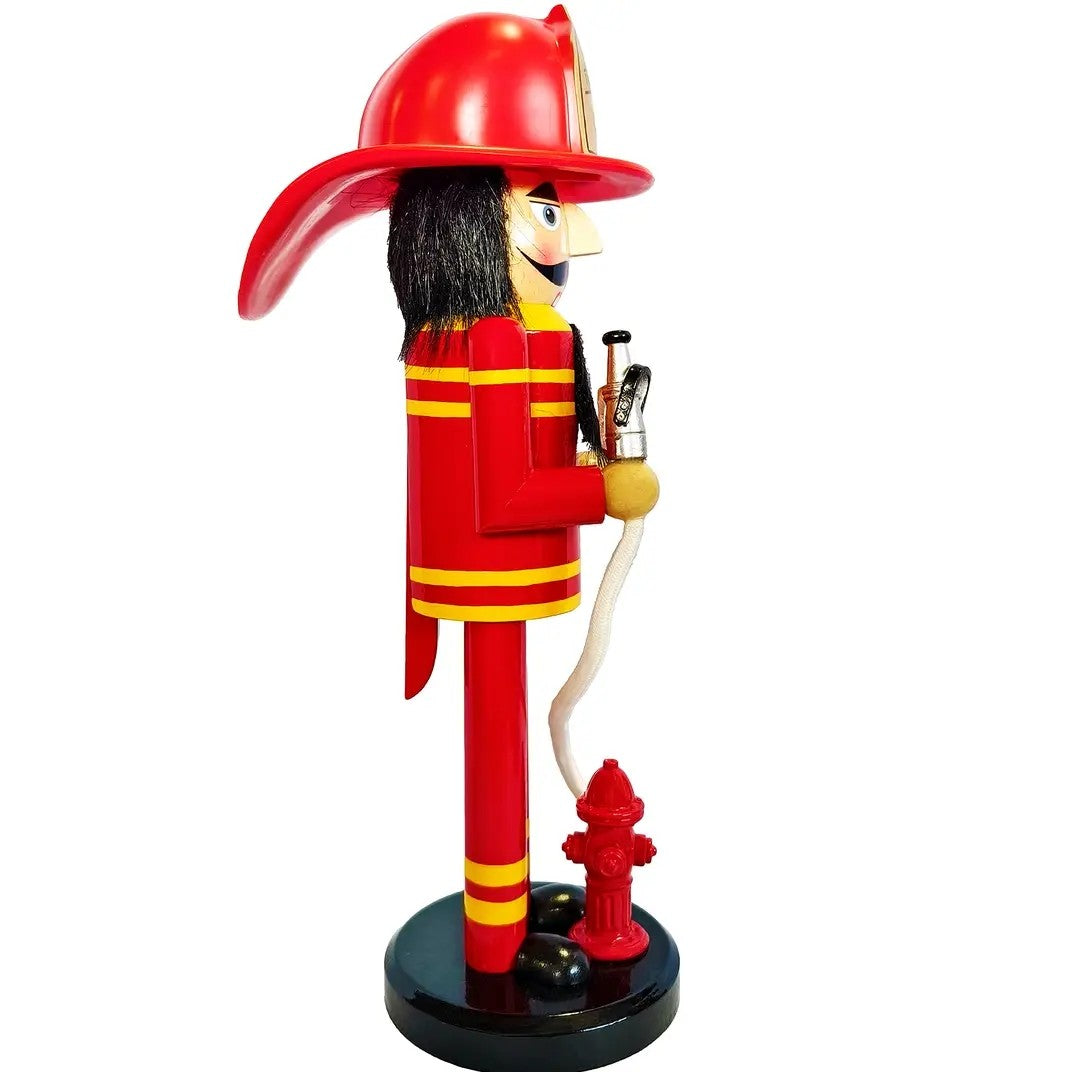 Firefighter Nutcracker Statue, Hand-Painted Wooden Holiday Decor, Red Gold Accents