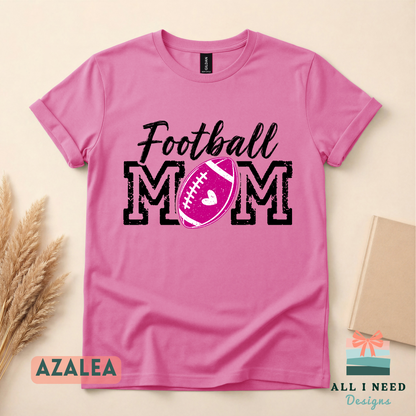 Proud Football Mom Hoodie for Game Day, pink heart design, unisex sizing, sizes XS-3XL