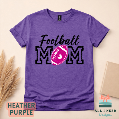 Proud Football Mom Hoodie for Game Day, pink heart design, unisex sizing, sizes XS-3XL