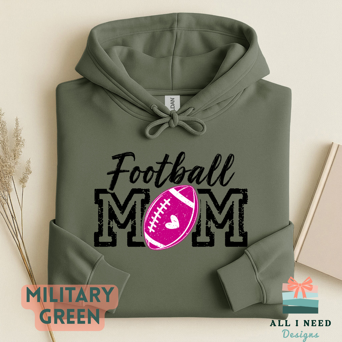 Proud Football Mom Hoodie for Game Day, pink heart design, unisex sizing, sizes XS-3XL