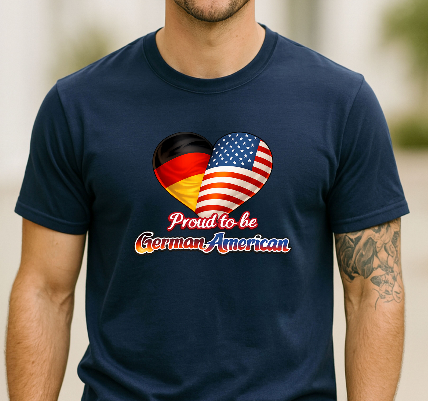 Proud To Be German American Tee Shirt, heart flag graphic, unisex fit, sizes XS–3XL, soft cotton, cultural pride