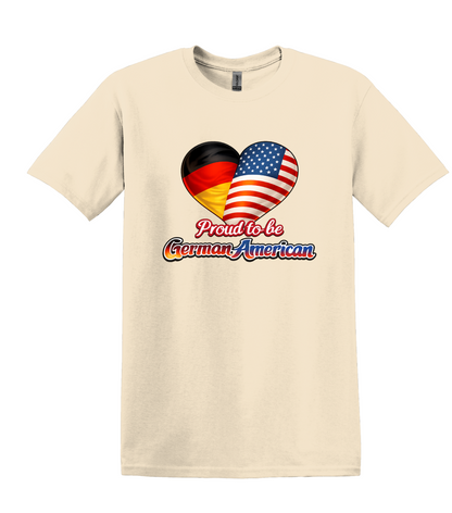 Proud To Be German American Tee Shirt, heart flag graphic, unisex fit, sizes XS–3XL, soft cotton, cultural pride