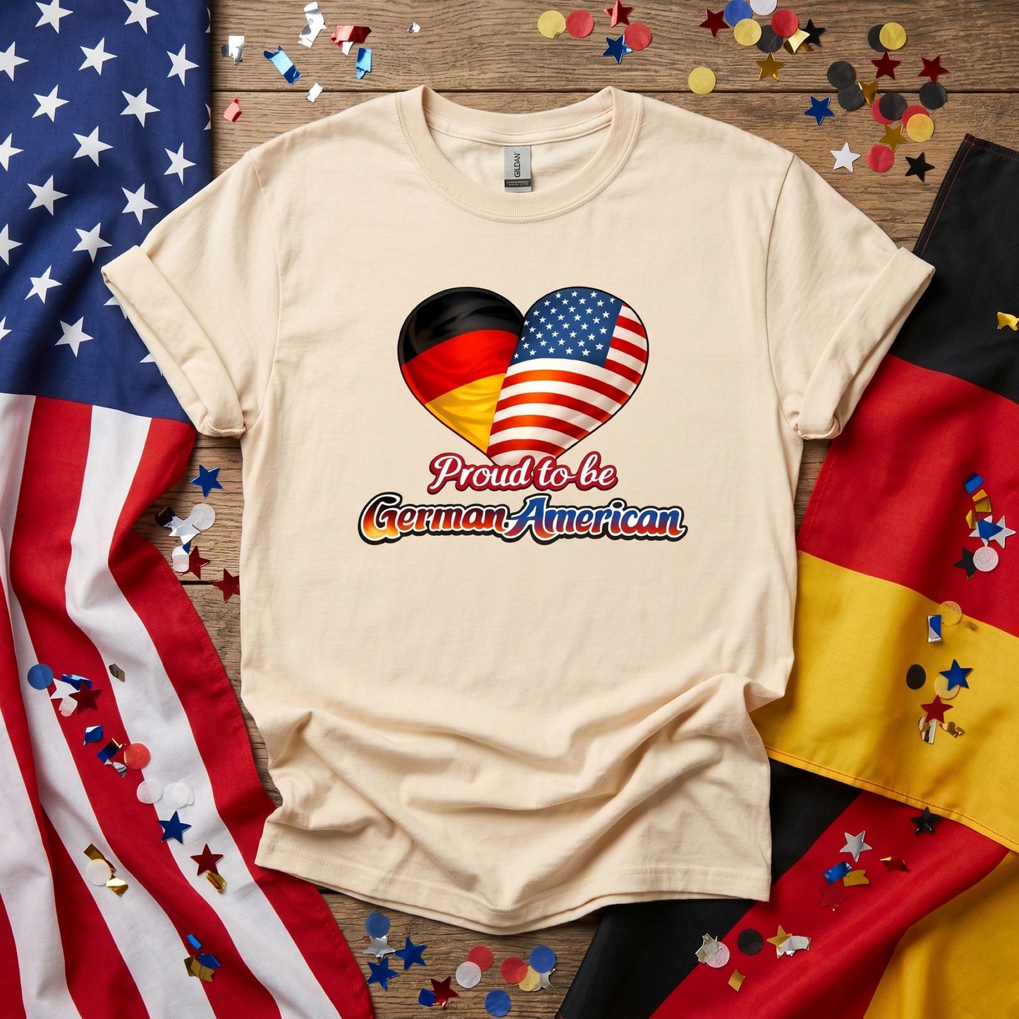 Proud To Be German American Tee Shirt, heart flag graphic, unisex fit, sizes XS–3XL, soft cotton, cultural pride