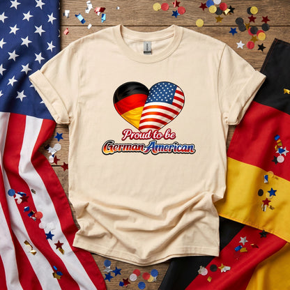 Proud To Be German American Tee Shirt, heart flag graphic, unisex fit, sizes XS–3XL, soft cotton, cultural pride