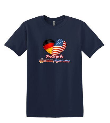 Proud To Be German American Tee Shirt, heart flag graphic, unisex fit, sizes XS–3XL, soft cotton, cultural pride