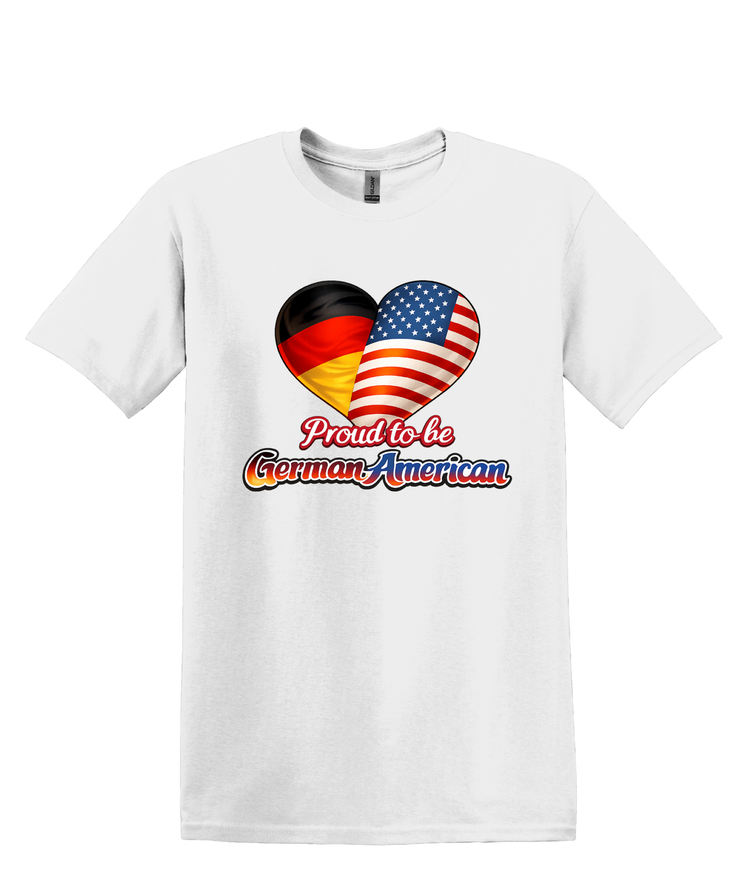 Proud To Be German American Tee Shirt, heart flag graphic, unisex fit, sizes XS–3XL, soft cotton, cultural pride