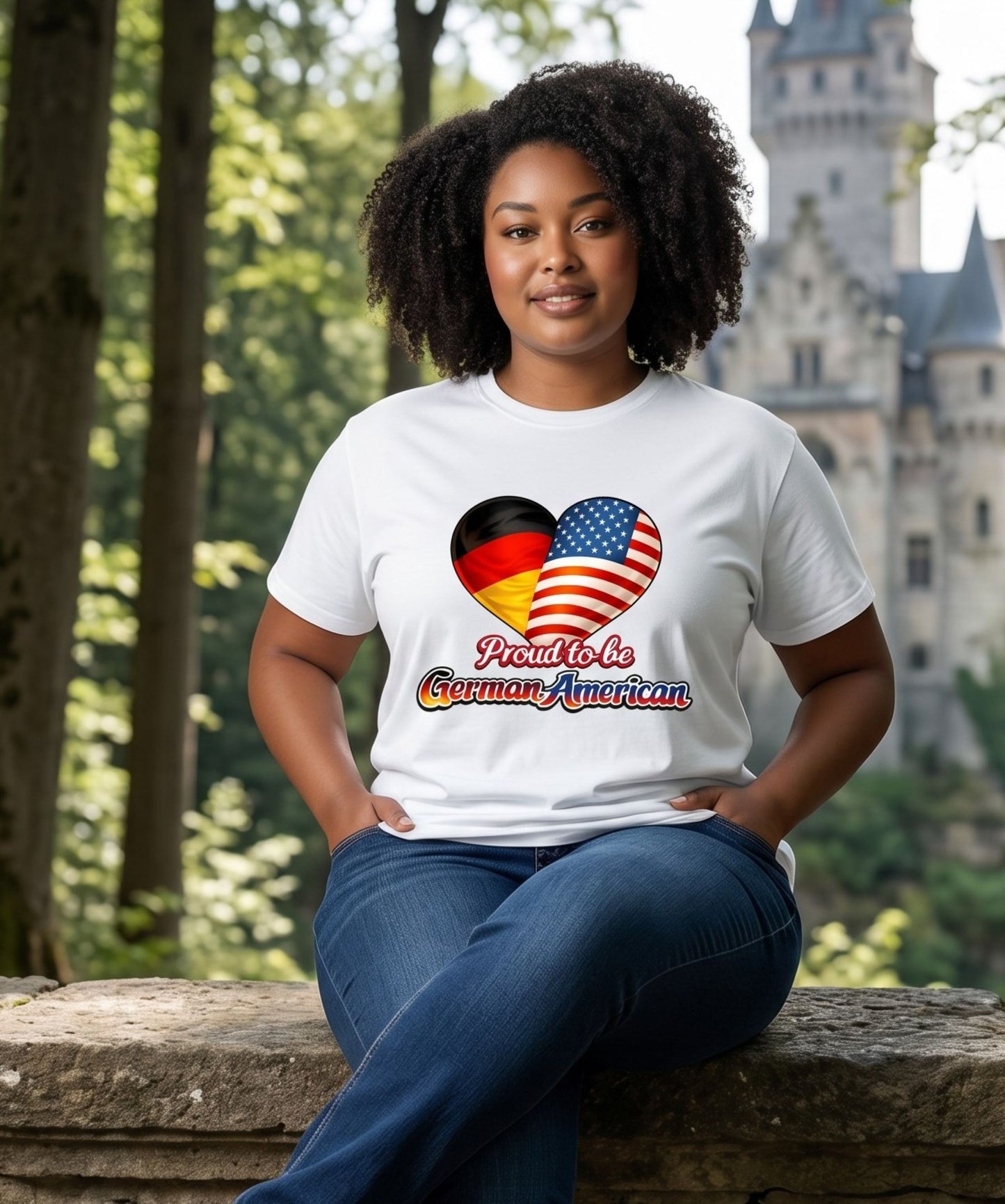 Proud To Be German American Tee Shirt, heart flag graphic, unisex fit, sizes XS–3XL, soft cotton, cultural pride