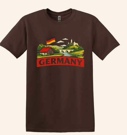 German Landscape Flag Graphic Tee, retro travel shirt, unisex crewneck, sizes XS–3XL, Deutschland pride