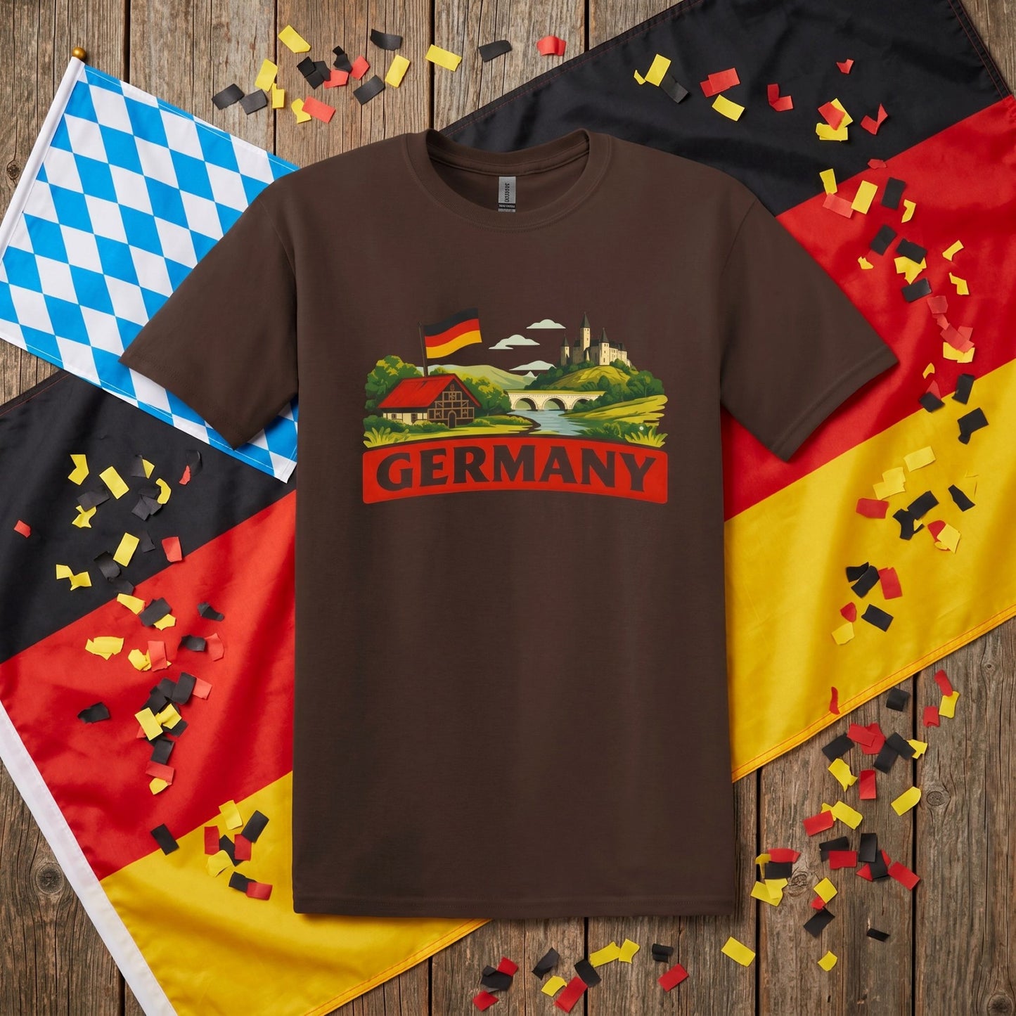 German Landscape Flag Graphic Tee, retro travel shirt, unisex crewneck, sizes XS–3XL, Deutschland pride