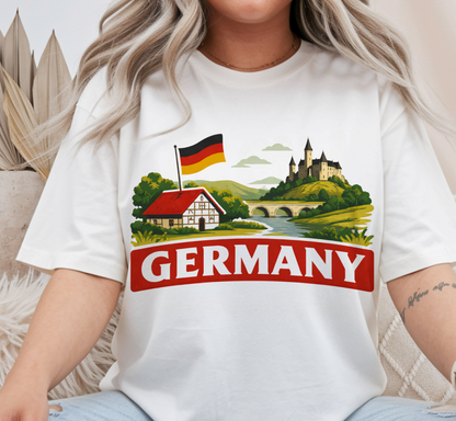 German Landscape Flag Graphic Tee, retro travel shirt, unisex crewneck, sizes XS–3XL, Deutschland pride