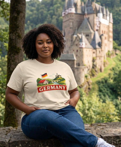 German Landscape Flag Graphic Tee, retro travel shirt, unisex crewneck, sizes XS–3XL, Deutschland pride