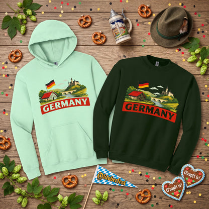 German Landscape Flag Graphic Tee, retro travel shirt, unisex crewneck, sizes XS–3XL, Deutschland pride