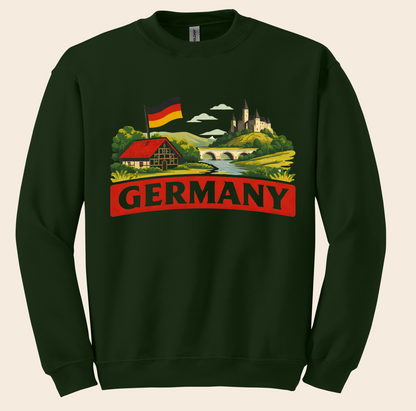 German Landscape Flag Graphic Tee, retro travel shirt, unisex crewneck, sizes XS–3XL, Deutschland pride