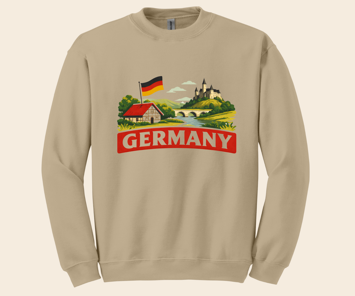 German Landscape Flag Graphic Tee, retro travel shirt, unisex crewneck, sizes XS–3XL, Deutschland pride