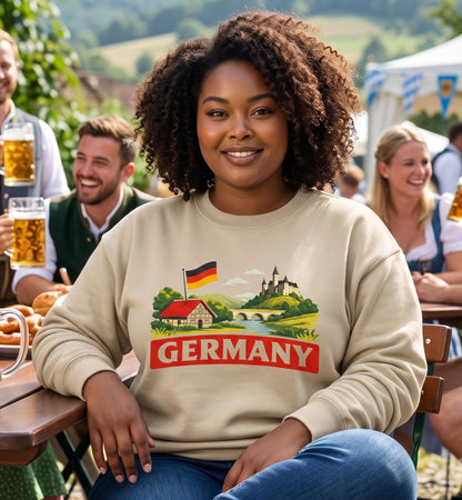 German Landscape Flag Graphic Tee, retro travel shirt, unisex crewneck, sizes XS–3XL, Deutschland pride