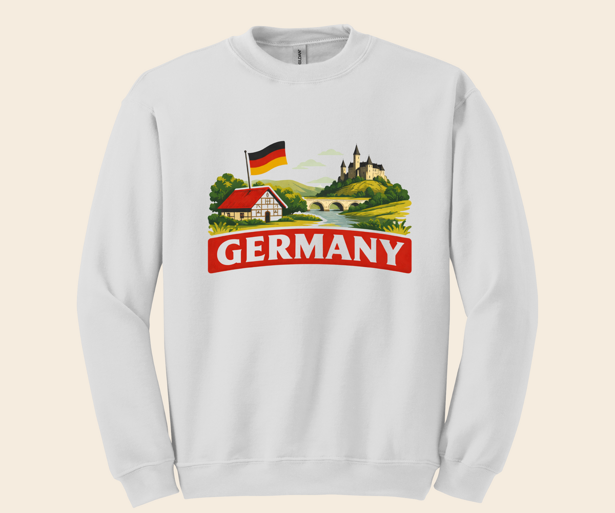 German Landscape Flag Graphic Tee, retro travel shirt, unisex crewneck, sizes XS–3XL, Deutschland pride