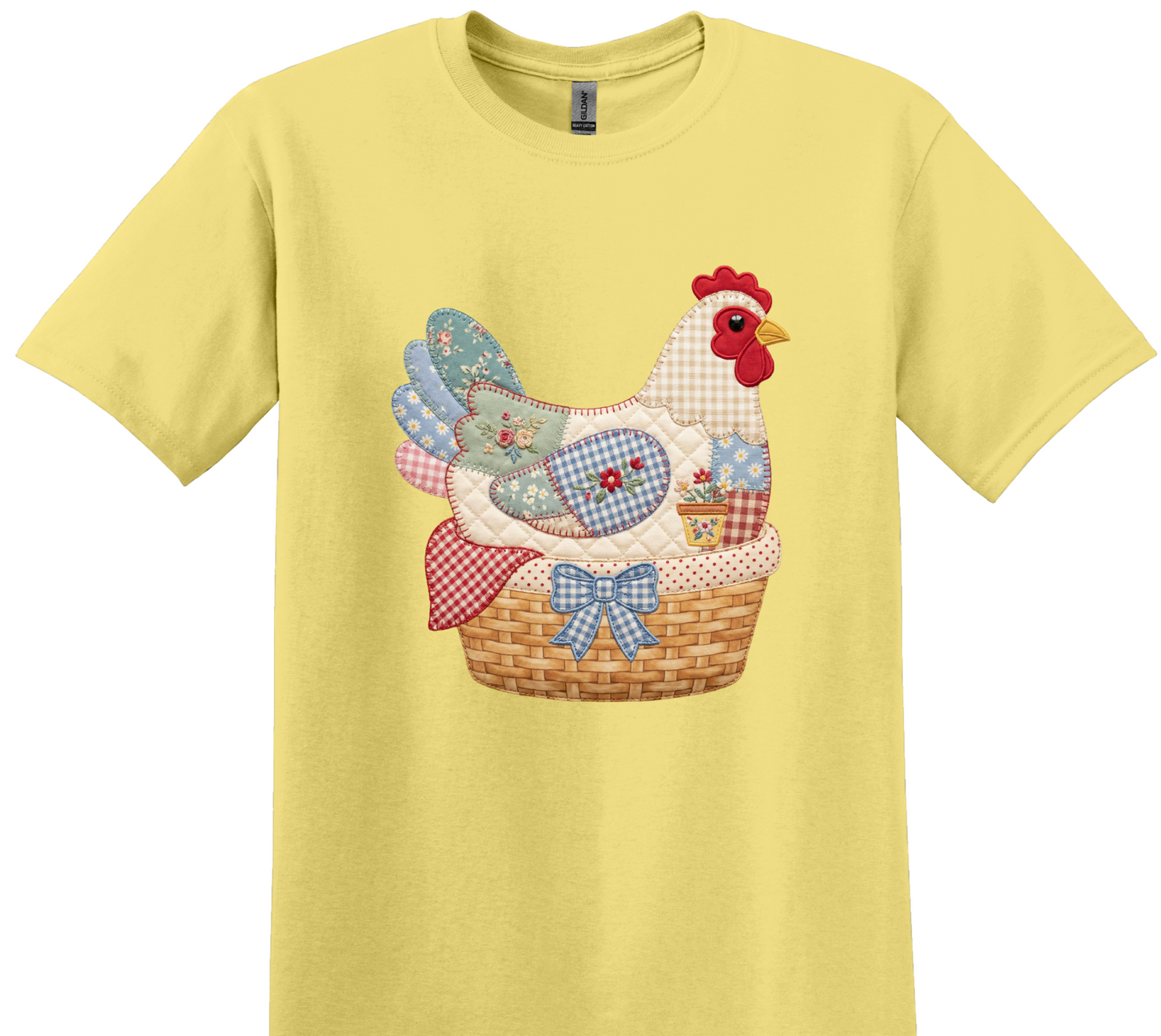 Patchwork Hen T-Shirt, Quilt-Inspired Chicken Graphic Tee, Country Farmhouse Style