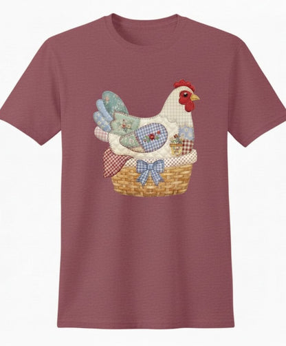 Patchwork Hen T-Shirt, Quilt-Inspired Chicken Graphic Tee, Country Farmhouse Style