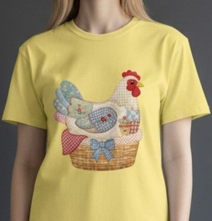 Patchwork Hen T-Shirt, Quilt-Inspired Chicken Graphic Tee, Country Farmhouse Style