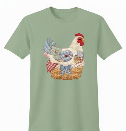 Patchwork Hen T-Shirt, Quilt-Inspired Chicken Graphic Tee, Country Farmhouse Style