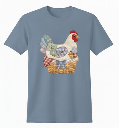 Patchwork Hen T-Shirt, Quilt-Inspired Chicken Graphic Tee, Country Farmhouse Style
