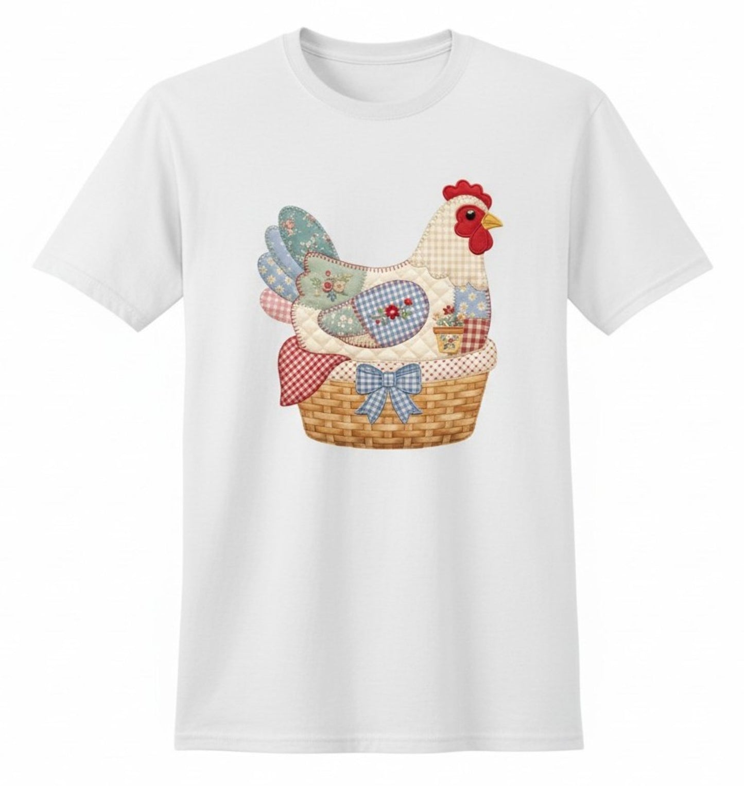 Patchwork Hen T-Shirt, Quilt-Inspired Chicken Graphic Tee, Country Farmhouse Style