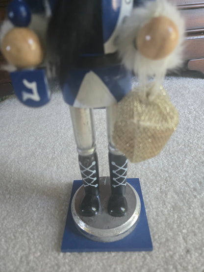 Hanukkah Nutcracker, Blue Silver Dreidel Gelt Decor, 12 Inch Wooden Figurine
