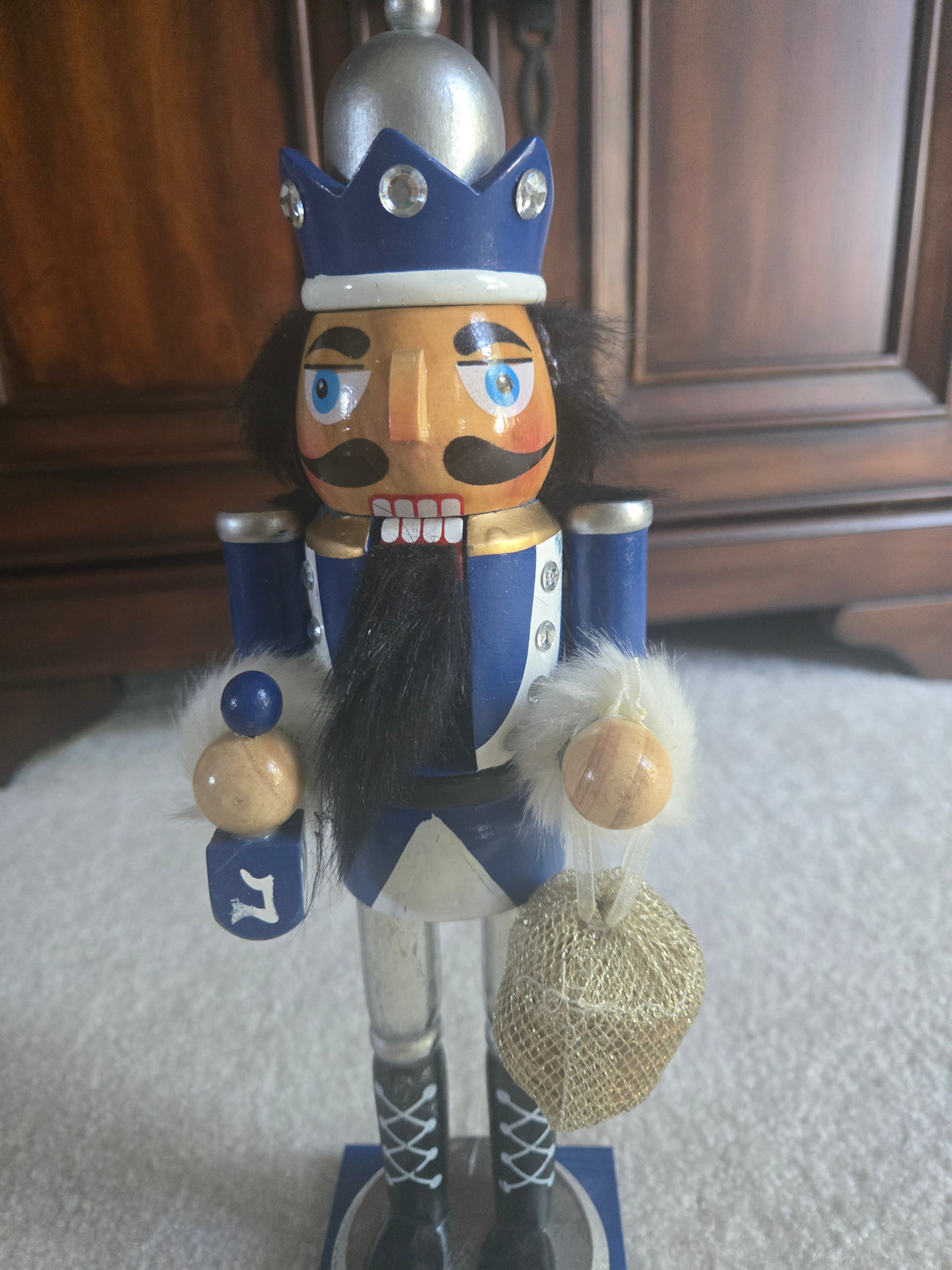 Hanukkah Nutcracker, Blue Silver Dreidel Gelt Decor, 12 Inch Wooden Figurine