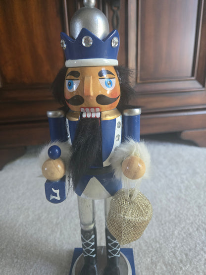 Hanukkah Nutcracker, Blue Silver Dreidel Gelt Decor, 12 Inch Wooden Figurine