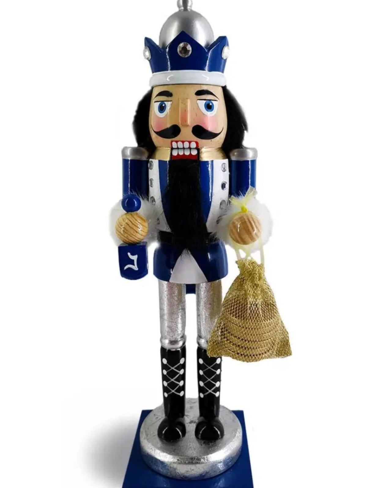 Hanukkah Nutcracker, Blue Silver Dreidel Gelt Decor, 12 Inch Wooden Figurine