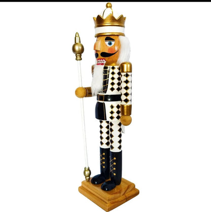 Crowned Harlequin Nutcracker Figure, gold and black, wooden Christmas decor