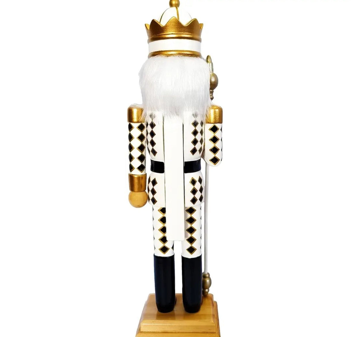 Crowned Harlequin Nutcracker Figure, gold and black, wooden Christmas decor