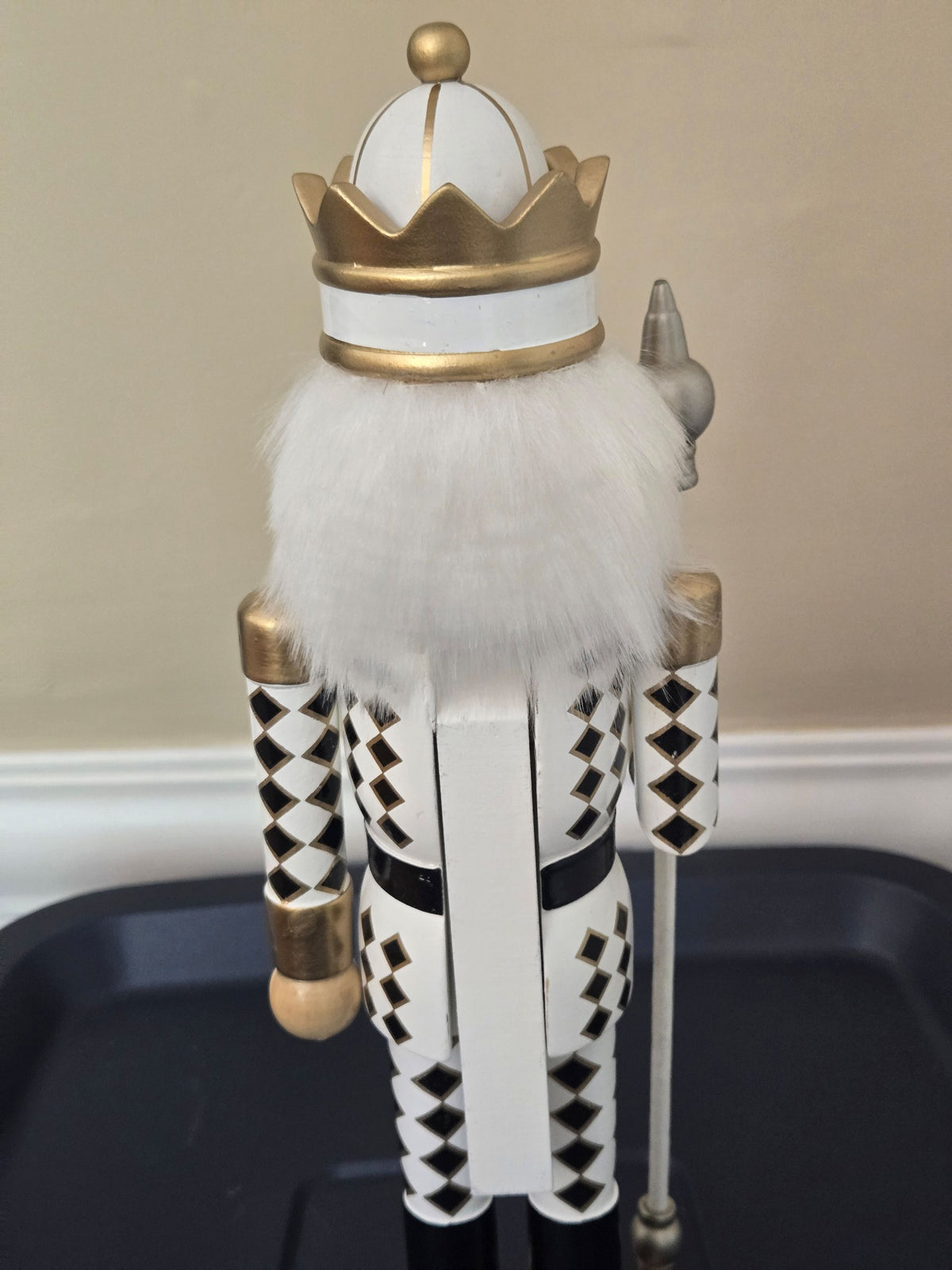 Crowned Harlequin Nutcracker Figure, gold and black, wooden Christmas decor