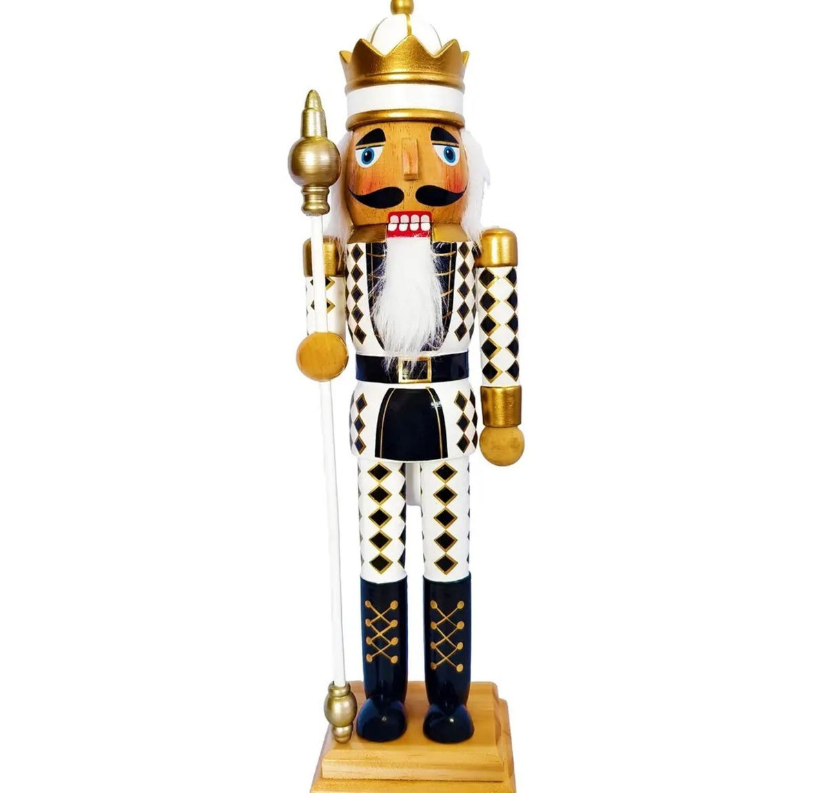 Crowned Harlequin Nutcracker Figure, gold and black, wooden Christmas decor
