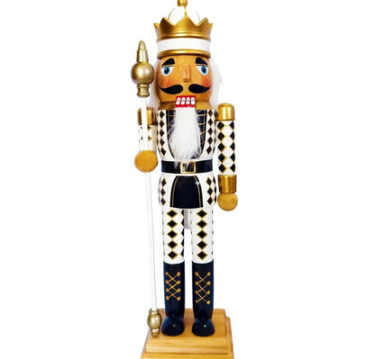 Crowned Harlequin Nutcracker Figure, gold and black, wooden Christmas decor